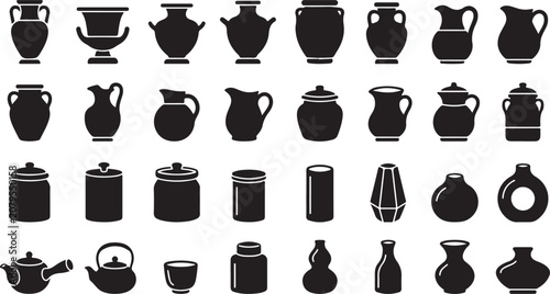 Φωτογραφία Set of black silhouettes of different ceramic vases jugs pots and jars for home