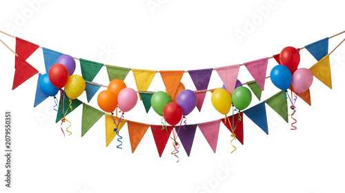 Photos Abundant and vibrant party bunting flags with balloons and streamers, creating a festive atmosphere for joyous occasions, isolated on transparent background, detailed