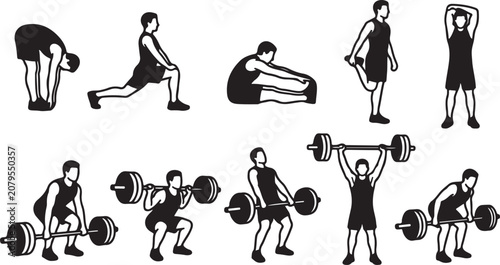 Konstfotografi Set of silhouettes showing a man exercising with a barbell and performing variou