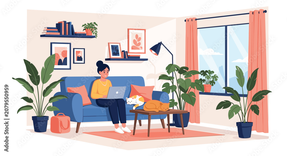 Fototapeta premium Cozy home office setup with a woman working on a laptop on the sofa surrounded by cats and lush green plants.