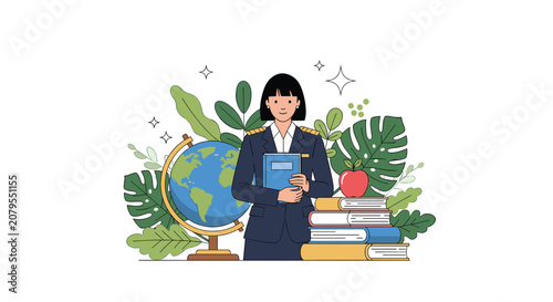Confident female school teacher holding a blue book stands next to a globe and a stack of colorful textbooks.