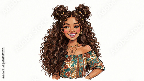 Artistic Portrait of a Curly-Haired Girl, Elegant Girl with Flowing Curly Hair, Modern Curly Hair Art with white background