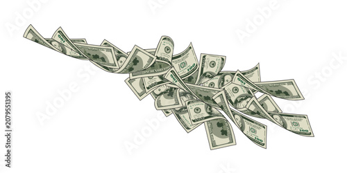 Money dollar horizontal composition with blowing out 100 USD banknotes, bills. Design element on transparent background. Concept of cash flow