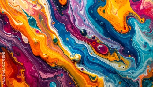 Abstract background of colorful flowing liquid paint swirls