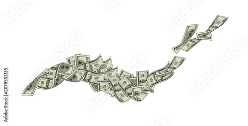 Horizontal composition of dynamic wave made from flying up one hundred dollar bills. Concept of cash flow, financial success. Color design element on transparent background
