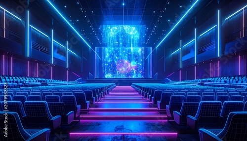 Futuristic cinema hall with neon lighting and modern seating