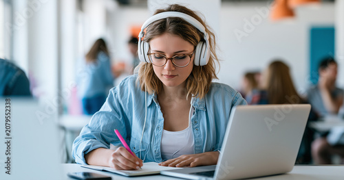Focused Young Woman Taking Detailed Notes During Online Education Webinar
