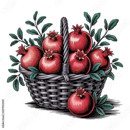 A woven basket overflows with ripe red pomegranates and fresh green leaves