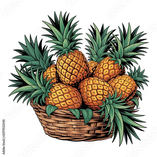 Abundant basket overflowing with ripe yellow pineapples and green leafy tops isolated on white background