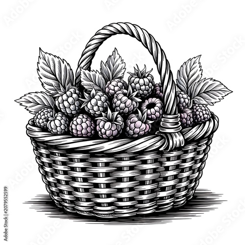 Detailed black and white illustration of a woven basket filled with fresh raspberries and leaves