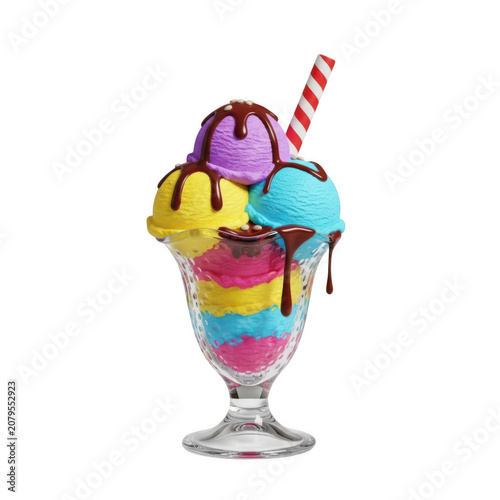 Colorful ice cream sundae in a glass cup with chocolate syrup