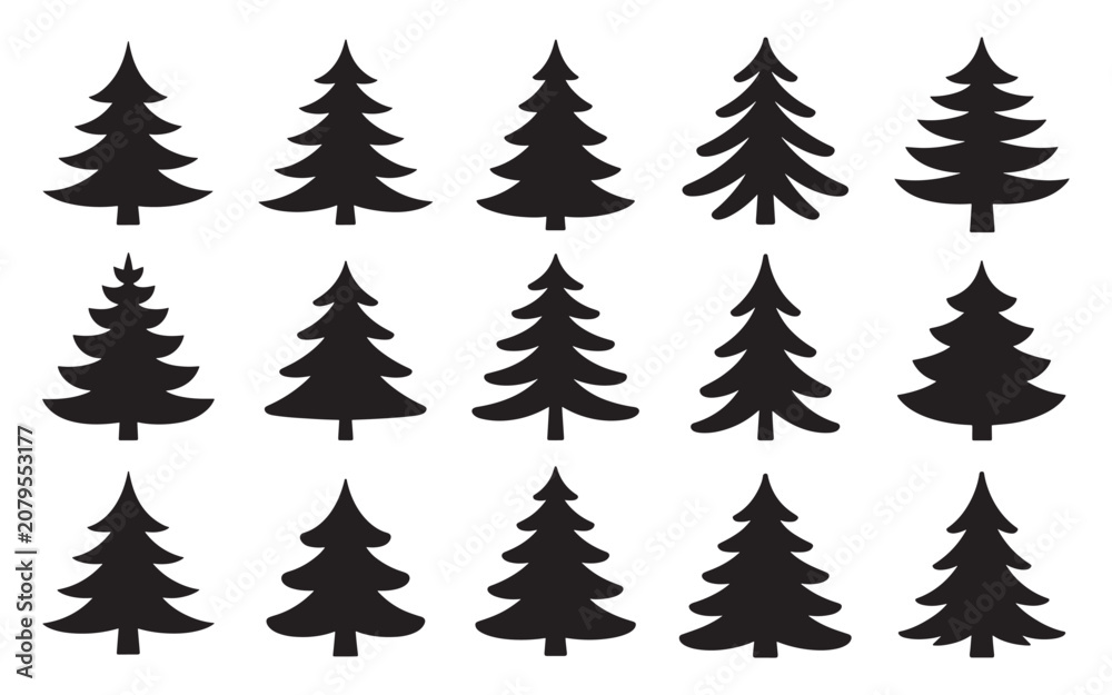 Fototapeta premium Collection Of Pine Tree Silhouettes On White Background