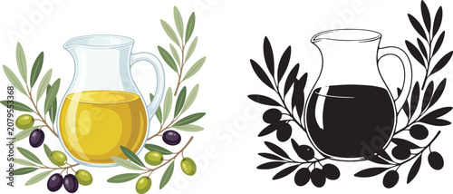 Photography illustration of olive branches and jugs of olive oil.