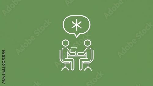 Two people talking at a desk with an asterisk speech bubble icon