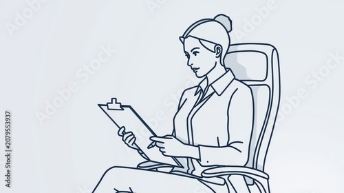 Business woman sitting in a chair holding a clipboard with a pen
