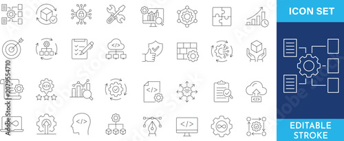 Web development and software engineering line icons for programming data management system optimization cloud computing and technical workflow.