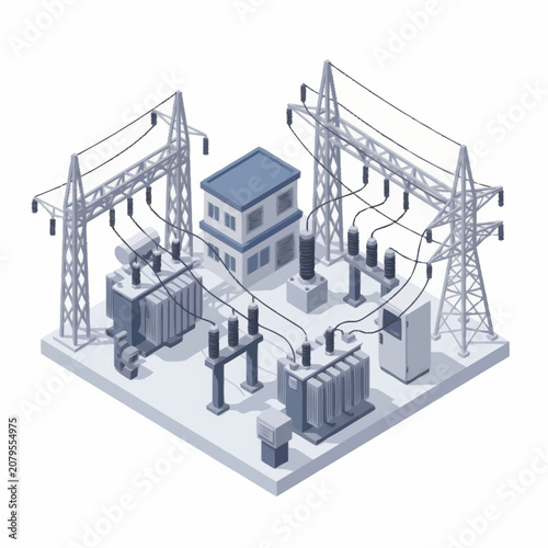Isometric view of electrical substation with transformers and power lines.