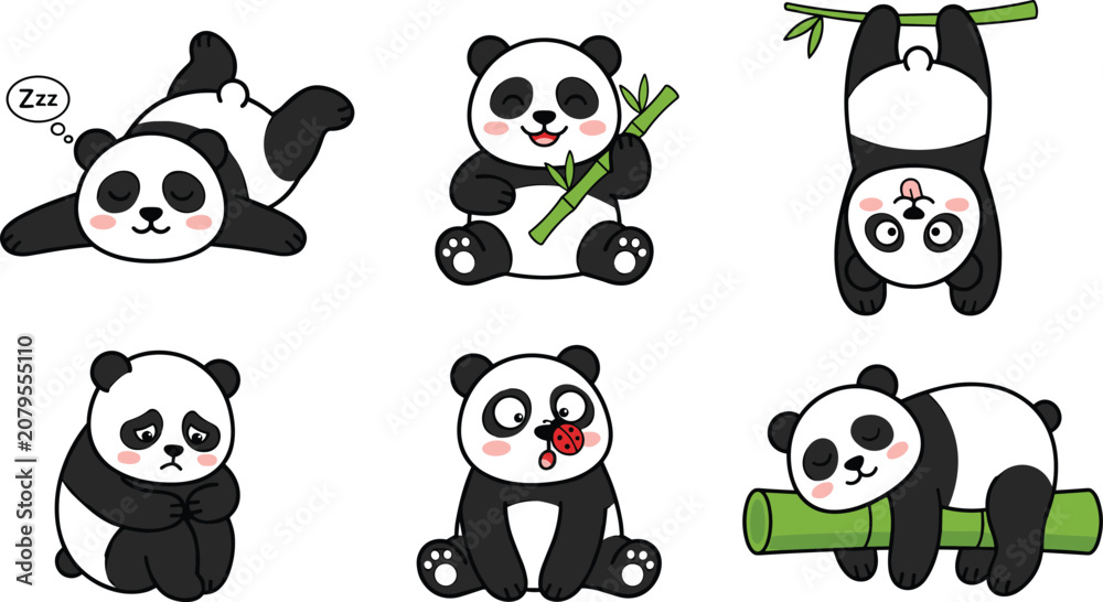 Naklejka premium Cute Kawaii Baby Panda Bear Character Vector Set Showing Various Activities Sleeping Eating Bamboo Hanging Upside Down and Sad Moods