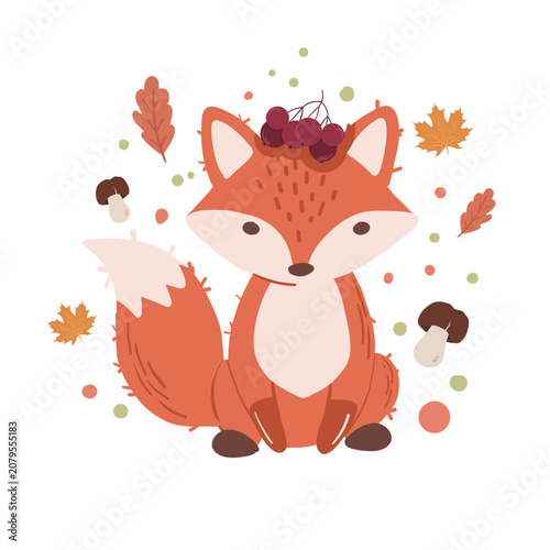 Cute little fox character with autumn leaves, mushrooms and berries, isolated on white background. Vector illustration in flat style.