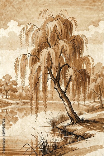 Willow Tree By Water Wall Art, Delicate Brushwork Style - Printable China Print for Modern Home Decor