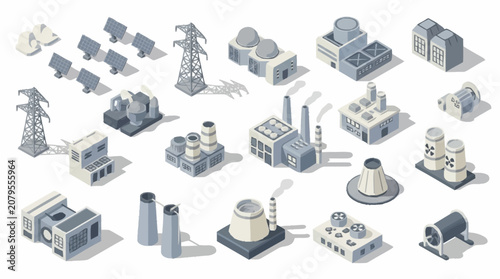 Bild auf Leinwand Isometric Industrial Buildings and Power Plants Collection.