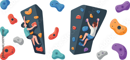 Bouldering and rock climbing vector elements set with people climbing on indoor artificial walls and colorful bouldering holds
