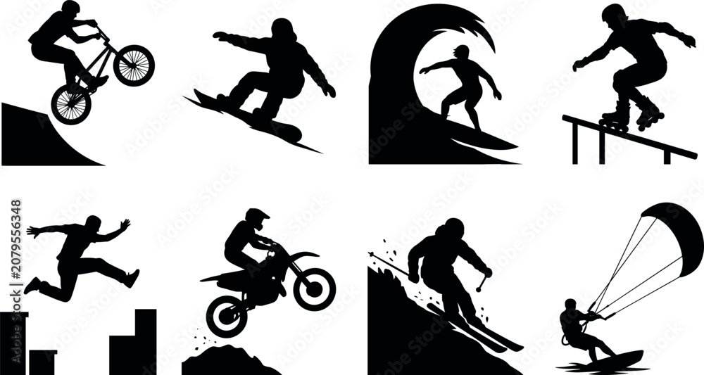 Obraz premium Black Silhouette Vector Set of Extreme Sports and Action Activities