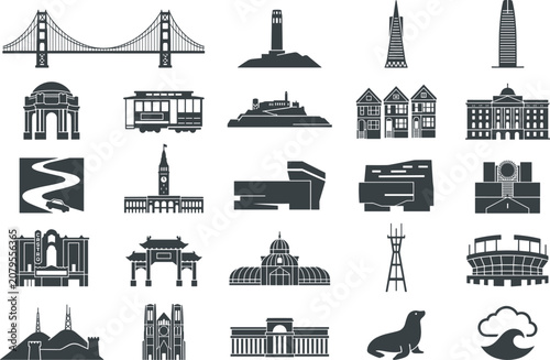 Cuadro en lienzo San Francisco Landmark and Travel Solid Silhouette Icon Set Featuring Golden Gat