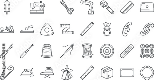 Obraz na plátne Sewing Tailoring and Dressmaking Outline Icon Set Featuring Machine Scissors Man