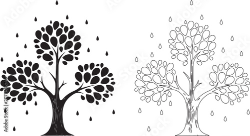 Tree silhouettes with raindrops on white background