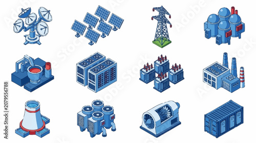 Isometric Industrial Technology and Energy Infrastructure Icons.