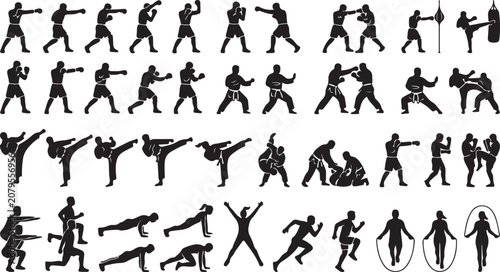 Konstfotografi Set of black silhouettes showing people boxing kickboxing and doing fitness exer