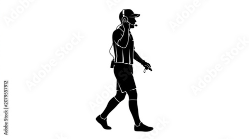 .Sports referee silhouette walking and speaking into headset