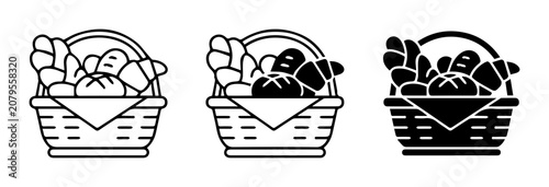 Bakery Basket Icons, Bread Assortment Vector Set, Fresh Baked Goods Collection