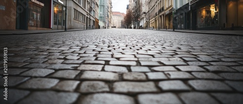 Empty cobblestone street cityscape perspective view urban architecture travel background