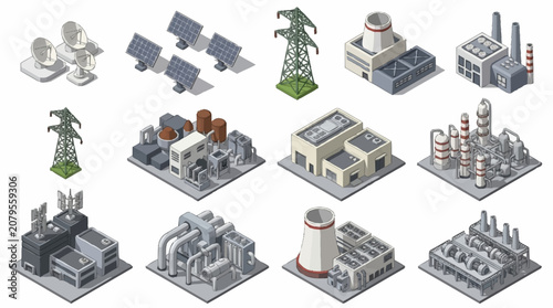 Isometric industrial buildings and power infrastructure set.