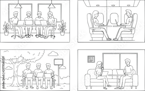 Vector line art illustration set of freelance people working on laptops in office, airplane, park, and living room cafe.
