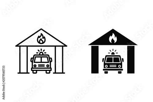 Tableau sur toile Fire Station and Fire Truck Icon Set, Emergency Service Vector Illustration