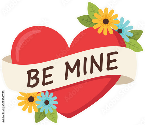 Red heart with be mine banner and floral accents_1.eps