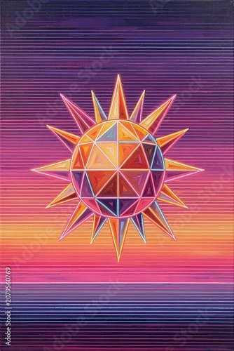 Neon Geometric Sun Wall Art, Vaporwave Aesthetic Style - Printable Cyberpunk Print for Modern Home Decor
