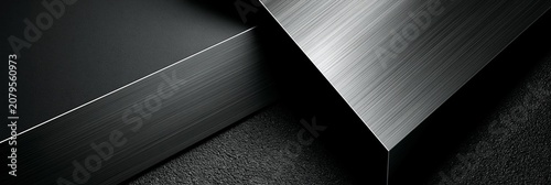 Abstract dark background with metallic brush strokes. Metallic silver elements intersecting on a textured dark background creating a tech-inspired composition