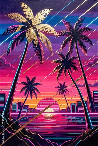 Synthwave Palm Silhouettes Wall Art, Vibrant Glowing Neon Style - Printable Cyberpunk Print for Modern Home Decor