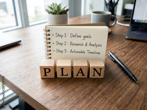 Business plan steps written on a notepad with wooden blocks spelling the word plan on a wooden desk in a bright professional office setting