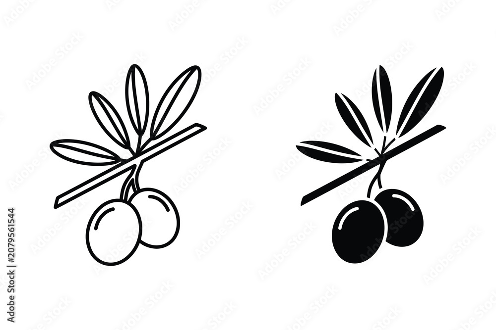 Fototapeta premium Olive branch with olives, line art and solid fill vector illustration