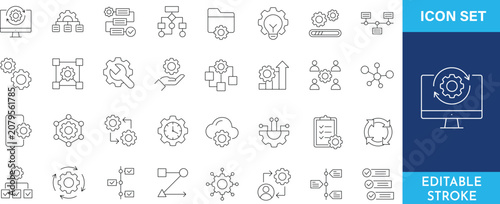 Operation and process management line icon set for workflow optimization and technical systems.