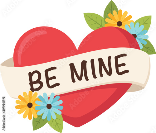 Red heart with be mine banner and floral embellishments.eps