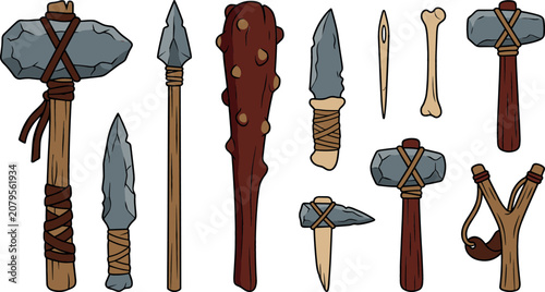 фотографія Stone Age primitive weapons vector cartoon set featuring prehistoric flint axes hunting spears wooden club stone knives hammer slingshot needle and bone