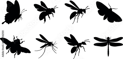 Tableau sur toile Black Silhouette Vector Set of Insects Including Butterfly, Bee, and Dragonfly