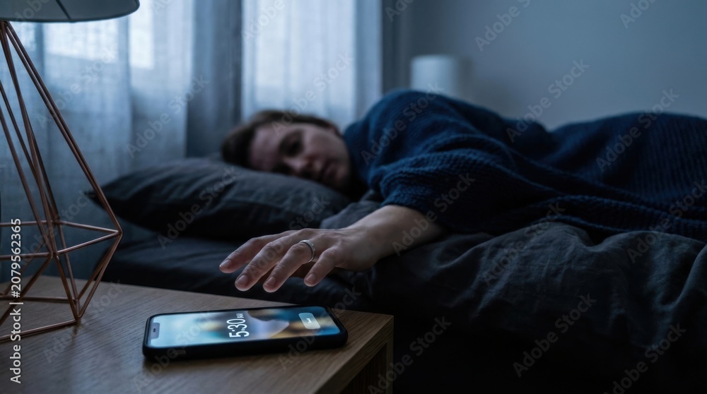 Fototapeta premium Person silencing smartphone alarm in dimly lit bedroom morning scene
