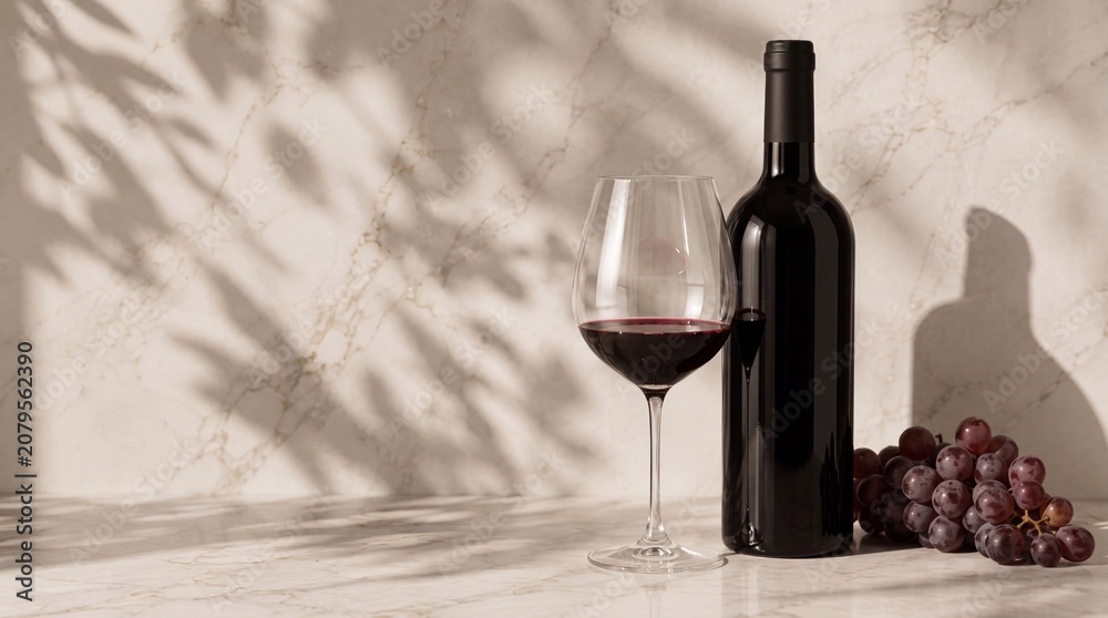 Fototapeta premium A bottle of red wine and a filled glass sitting on a marble countertop with fresh grapes, accented by soft leaf shadows in a minimalist, elegant aesthetic.